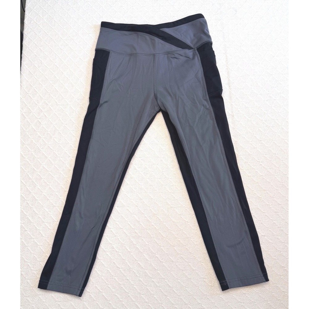 Avia Womens Gray Black Colorblock Crossover Waist Cropped Leggings Size M 8-10